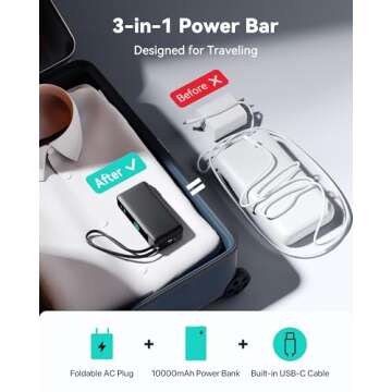 INIU 3-in-1 Portable Charger, Small 10000mah Power Bank with Built-in USB C Cable and Foldable AC Pl...