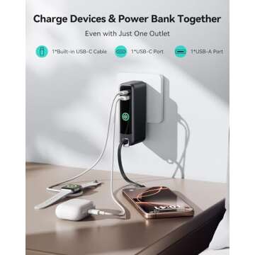 INIU 3-in-1 Portable Charger, Small 10000mah Power Bank with Built-in USB C Cable and Foldable AC Plug, 30W PD Fast Charging Battery Pack, Travel Charger for iPhone 16 15, iPad, Samsung, Google etc