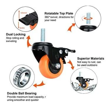 Stem Caster Wheels Swivel Casters Set of 4 Heavy Duty Threaded Casters Dual Locking Industrial Castor Safety Smooth Quiet Caster with Brakes Wheels for Cart, Furniture…