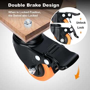 Stem Caster Wheels Swivel Casters Set of 4 Heavy Duty Threaded Casters Dual Locking Industrial Castor Safety Smooth Quiet Caster with Brakes Wheels for Cart, Furniture…