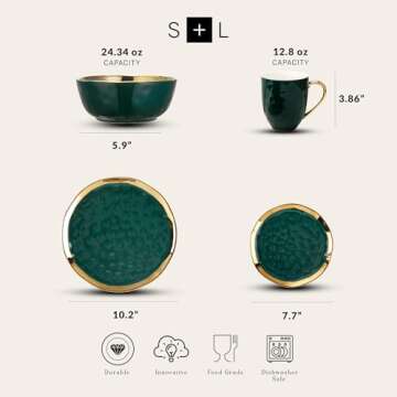 Stone Lain Florian Modern Porcelain 16 Piece Dinnerware Set, Plates and Bowls Set, Dish set for 4, G...