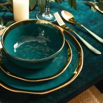 Stone Lain Florian Modern Porcelain 16 Piece Dinnerware Set, Plates and Bowls Set, Dish set for 4, Green and Golden Rim