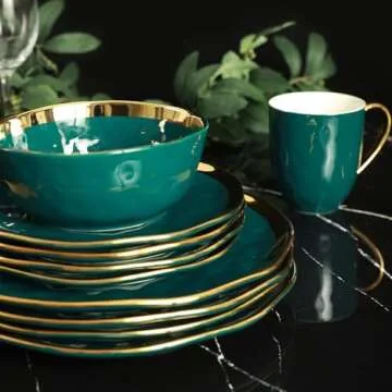 Stone Lain Florian Modern Porcelain 16 Piece Dinnerware Set, Plates and Bowls Set, Dish set for 4, Green and Golden Rim