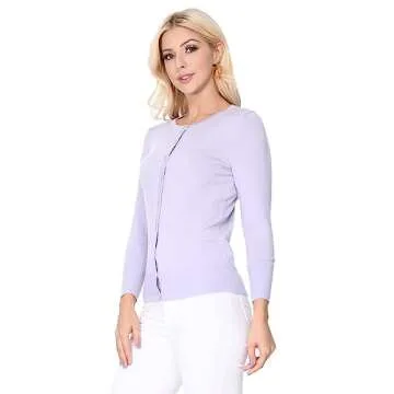 YEMAK Women's Knit Cardigan Sweater – 3/4 Sleeve Crewneck Basic Classic Casual Button Down Soft Lightweight Knitted Top CO079-LPK-M