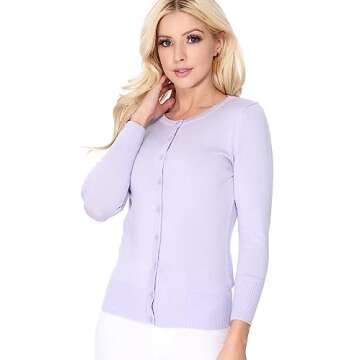 YEMAK Women's Knit Cardigan Sweater – 3/4 Sleeve Crewneck Basic Classic Casual Button Down Soft Lightweight Knitted Top CO079-LPK-M