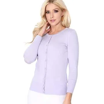YEMAK Women's Knit Cardigan Sweater – 3/4 Sleeve Crewneck Basic Classic Casual Button Down Soft Lightweight Knitted Top CO079-LPK-M