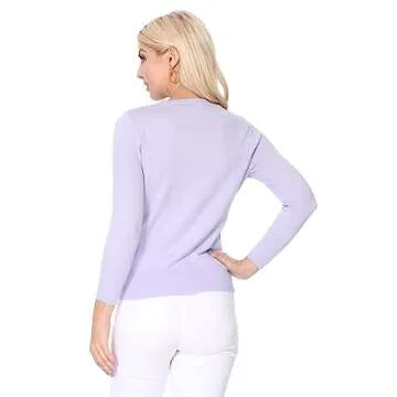 YEMAK Women's Knit Cardigan Sweater – 3/4 Sleeve Crewneck Basic Classic Casual Button Down Soft Lightweight Knitted Top CO079-LPK-M
