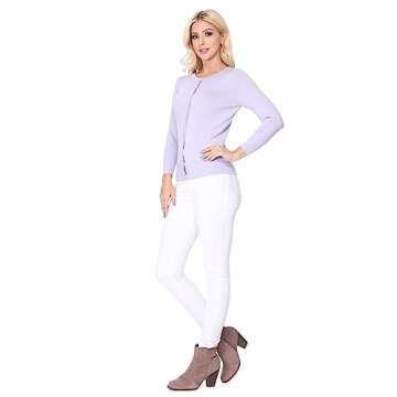 YEMAK Women's Knit Cardigan Sweater – 3/4 Sleeve Crewneck Basic Classic Casual Button Down Soft Lightweight Knitted Top CO079-LPK-M