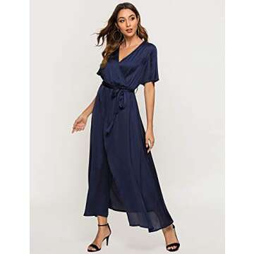 Escalier Women's Maxi Dress Satin V Neck Split Flowy Party Evening Dresses with Belt Navy Small