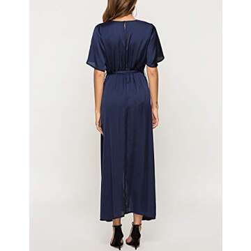 Escalier Women's Maxi Dress Satin V Neck Split Flowy Party Evening Dresses with Belt Navy Small