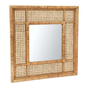 Creative Co-Op 23.5" Square Modern Wood and Rattan Wall Mirror
