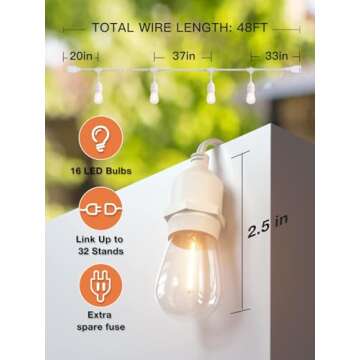 addlon LED Outdoor String Lights 48FT with Dimmable Edison Vintage Shatterproof Bulbs and Commercial Grade Weatherproof Strand - ETL Listed Heavy-Duty Decorative Cafe, Patio, Market Light White
