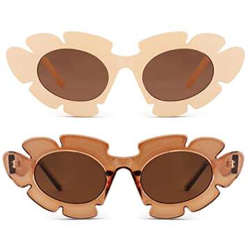 COASION Trendy Cat Eye Flowers Sunglasses for Women Men Retro Fashion Nude Chunky Shades UV400 Protection Sun Glasses (Beige/Light Brown + Brown/Brown)
