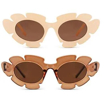COASION Trendy Cat Eye Flowers Sunglasses for Women Men Retro Fashion Nude Chunky Shades UV400 Protection Sun Glasses (Beige/Light Brown + Brown/Brown)
