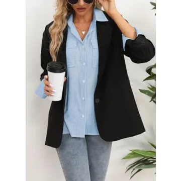 OMSJ Women's Striped Button Down Shirts Casual Long Sleeve Stylish V Neck Blouses Tops with Pockets (XL, Pinstripe Blue)