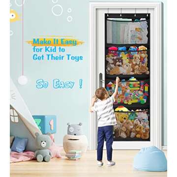 Storage for Stuffed Animals, Over Door Organizer for Stuffies, Kid's Toys, and Baby Accessories, Stuffed Animal Holder with 4 Breathable Pcoket and 8 Door Hook