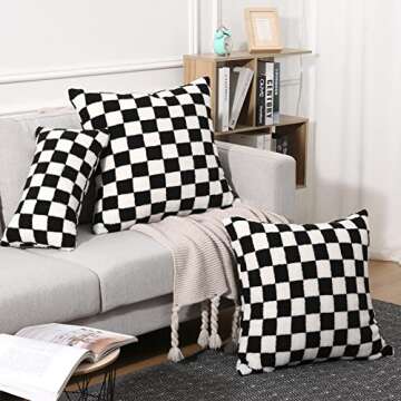 Yaertun Set of 2 Checkerboard Decorative Throw Pillow Covers Cute Fluffy Plaid Lumbar Cushion Case Faux Fur Wool Pillowcases for Couch Sofa Bed 12 x 20 Inch Black and White