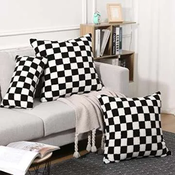 Yaertun Set of 2 Checkerboard Decorative Throw Pillow Covers Cute Fluffy Plaid Lumbar Cushion Case Faux Fur Wool Pillowcases for Couch Sofa Bed 12 x 20 Inch Black and White