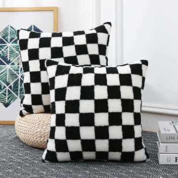 Yaertun Set of 2 Checkerboard Decorative Throw Pillow Covers Cute Fluffy Plaid Lumbar Cushion Case Faux Fur Wool Pillowcases for Couch Sofa Bed 12 x 20 Inch Black and White