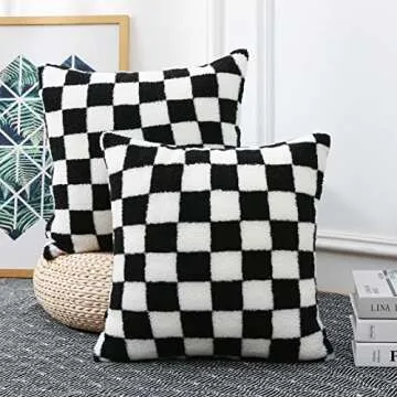 Yaertun Set of 2 Checkerboard Decorative Throw Pillow Covers Cute Fluffy Plaid Lumbar Cushion Case Faux Fur Wool Pillowcases for Couch Sofa Bed 12 x 20 Inch Black and White