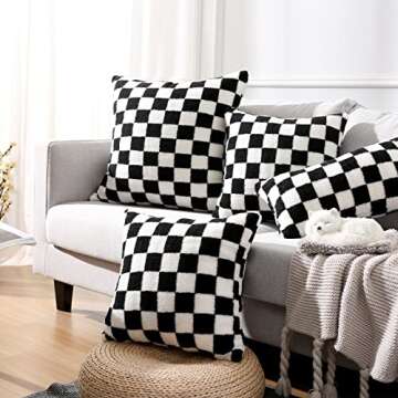 Yaertun Set of 2 Checkerboard Decorative Throw Pillow Covers Cute Fluffy Plaid Lumbar Cushion Case Faux Fur Wool Pillowcases for Couch Sofa Bed 12 x 20 Inch Black and White