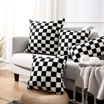 Yaertun Set of 2 Checkerboard Decorative Throw Pillow Covers Cute Fluffy Plaid Lumbar Cushion Case Faux Fur Wool Pillowcases for Couch Sofa Bed 12 x 20 Inch Black and White