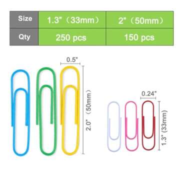Vinaco Paper Clips Colorful, 400PCS Medium and Jumbo（1.3 inch & 2 inch） Paper Clips, Durable and Rustproof, Coated Large Paper Clips Great for Office School Document Organizing (Multicolored)