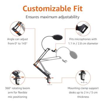 Amazon Basics Adjustable Microphone Stand, Pop Filter, Windscreen, for Blue Yeti, Snowball, Shure, Audio-Technica, other Mics, 14 inch