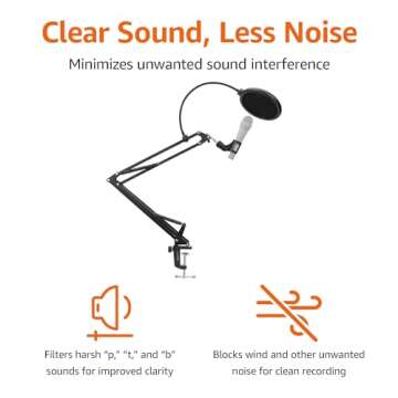 Amazon Basics Adjustable Microphone Stand, Pop Filter, Windscreen, for Blue Yeti, Snowball, Shure, Audio-Technica, other Mics, 14 inch
