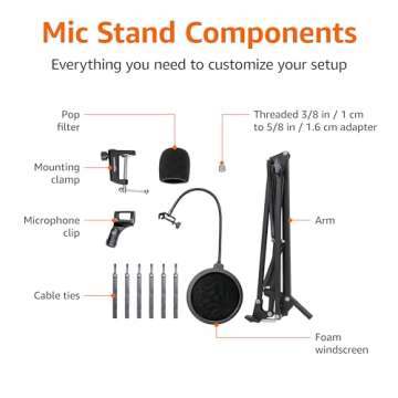Amazon Basics Adjustable Microphone Stand, Pop Filter, Windscreen, for Blue Yeti, Snowball, Shure, Audio-Technica, other Mics, 14 inch