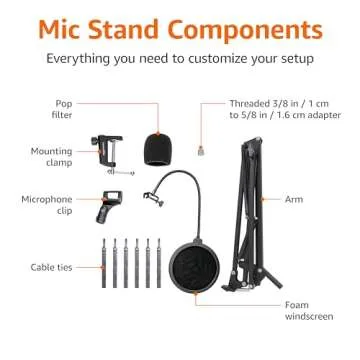 Amazon Basics Adjustable Microphone Stand, Pop Filter, Windscreen, for Blue Yeti, Snowball, Shure, Audio-Technica, other Mics, 14 inch