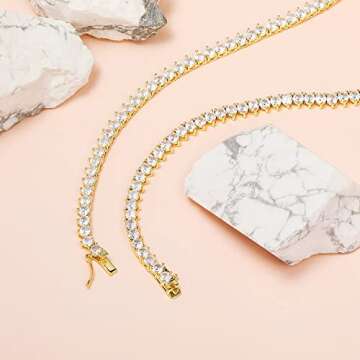 GMESME 3 Prong 18K Yellow Gold Plated Cubic Zirconia Classic Tennis Necklace for Women and Men (22 Inch)