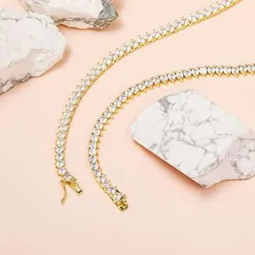 GMESME 3 Prong 18K Yellow Gold Plated Cubic Zirconia Classic Tennis Necklace for Women and Men (22 Inch)