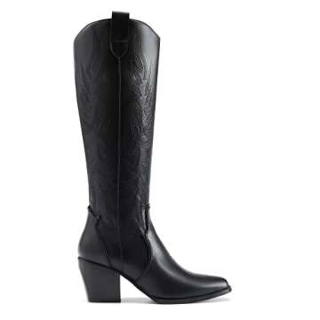 DREAM PAIRS Womens Cowboy Boots Wide Calf Comfortable Pull On Zipper Chunky Heel Pointed Toe Embroid...