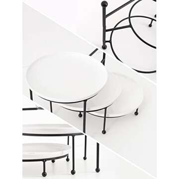 Kanwone 3 Tiered Serving Stand with White Porcelain Plates, 10" Round Tray, Black Metal Stand, Versatile & Durable