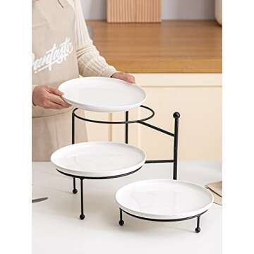 Kanwone 3 Tiered Serving Stand with White Porcelain Plates, 10" Round Tray, Black Metal Stand, Versatile & Durable