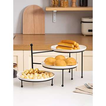 Kanwone 3 Tiered Serving Stand with White Porcelain Plates, 10" Round Tray, Black Metal Stand, Versatile & Durable