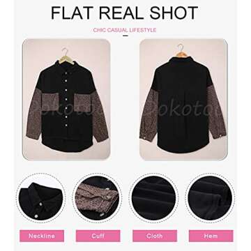 Dokotoo Women's Lightweight V Neck Shacket - Leopard Patchwork, Roll Up Sleeves, Button Down, XL Black