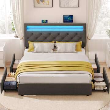 Rolanstar Full Size Bed Frame with Charging Station and LED Lights, Upholstered Bed with Adjustable ...