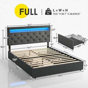 Rolanstar Full Size Bed Frame with Charging Station and LED Lights, Upholstered Bed with Adjustable Headboard and 4 Storage Drawers, No Box Spring Needed, Easy Assembly, Dark Gray