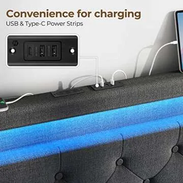 Rolanstar Full Size Bed Frame with Charging Station and LED Lights, Upholstered Bed with Adjustable Headboard and 4 Storage Drawers, No Box Spring Needed, Easy Assembly, Dark Gray