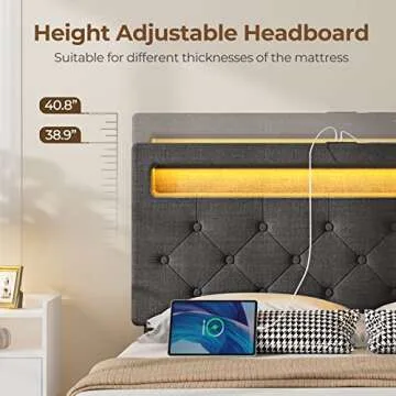 Rolanstar Full Size Bed Frame with Charging Station and LED Lights, Upholstered Bed with Adjustable Headboard and 4 Storage Drawers, No Box Spring Needed, Easy Assembly, Dark Gray