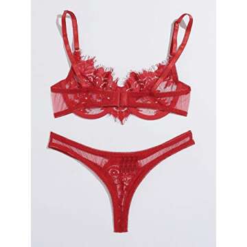 SOLY HUX Women's Lace Sheer Bra and Panty Underwire Lingerie Set Red M