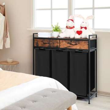 Laundry Sorter 3 Section, Laundry Hamper with Shelf and 2 Drawers, 180L Laundry Basket, laundry Organizer Cart, Pull-Out and Removable Oxford Fabric Laundry Bags,Rustic Brown and Black