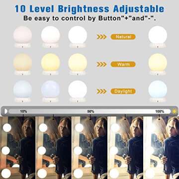 Mirror Lights Hollywood Style Makeup Vanity Lights for Mirror, Vanity Mirror Lights with 10 Dimmable Bulbs, USB Cable, 3 Color Modes & 10 Adjustable Brightness (Mirror & USB Charger Not Include)