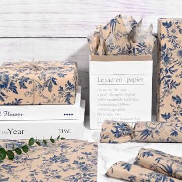 Bolsome 100 Sheets 20 * 14 Inches Blue Floral Tissue Paper for Gift Wrapping Vintage Flowers Decorative Tissue Paper for Bridal Shower Wedding Birthday Party Tea Party DIY Craft Supplies