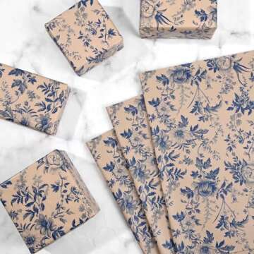 Bolsome 100 Sheets 20 * 14 Inches Blue Floral Tissue Paper for Gift Wrapping Vintage Flowers Decorative Tissue Paper for Bridal Shower Wedding Birthday Party Tea Party DIY Craft Supplies