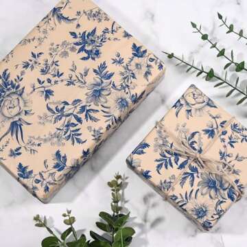 Bolsome 100 Sheets 20 * 14 Inches Blue Floral Tissue Paper for Gift Wrapping Vintage Flowers Decorative Tissue Paper for Bridal Shower Wedding Birthday Party Tea Party DIY Craft Supplies