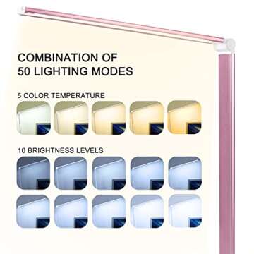 HMFUNTM Led Desk Lamp, Desk Lamp with USB Charging Port, 5 Color Modes, 10 Brightness, Natural Light, Eye Caring Reading Lamp, Desk Light for Home Office, Table Lamp, Touch Control, Auto-Timer, Pink