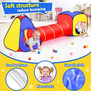 Kids Play Tent with Ball Pit+Crawl Tunnel+Castle Tent, Pop Up Toddlers Playhouse for Boys and Girls Gift, Collapsible Children Play Tent Toy Indoor and Outdoor Games (Colorful Fort)